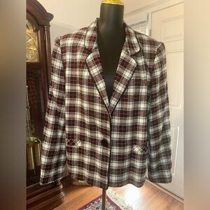Vintage plaid blazer with velvet button and trimming